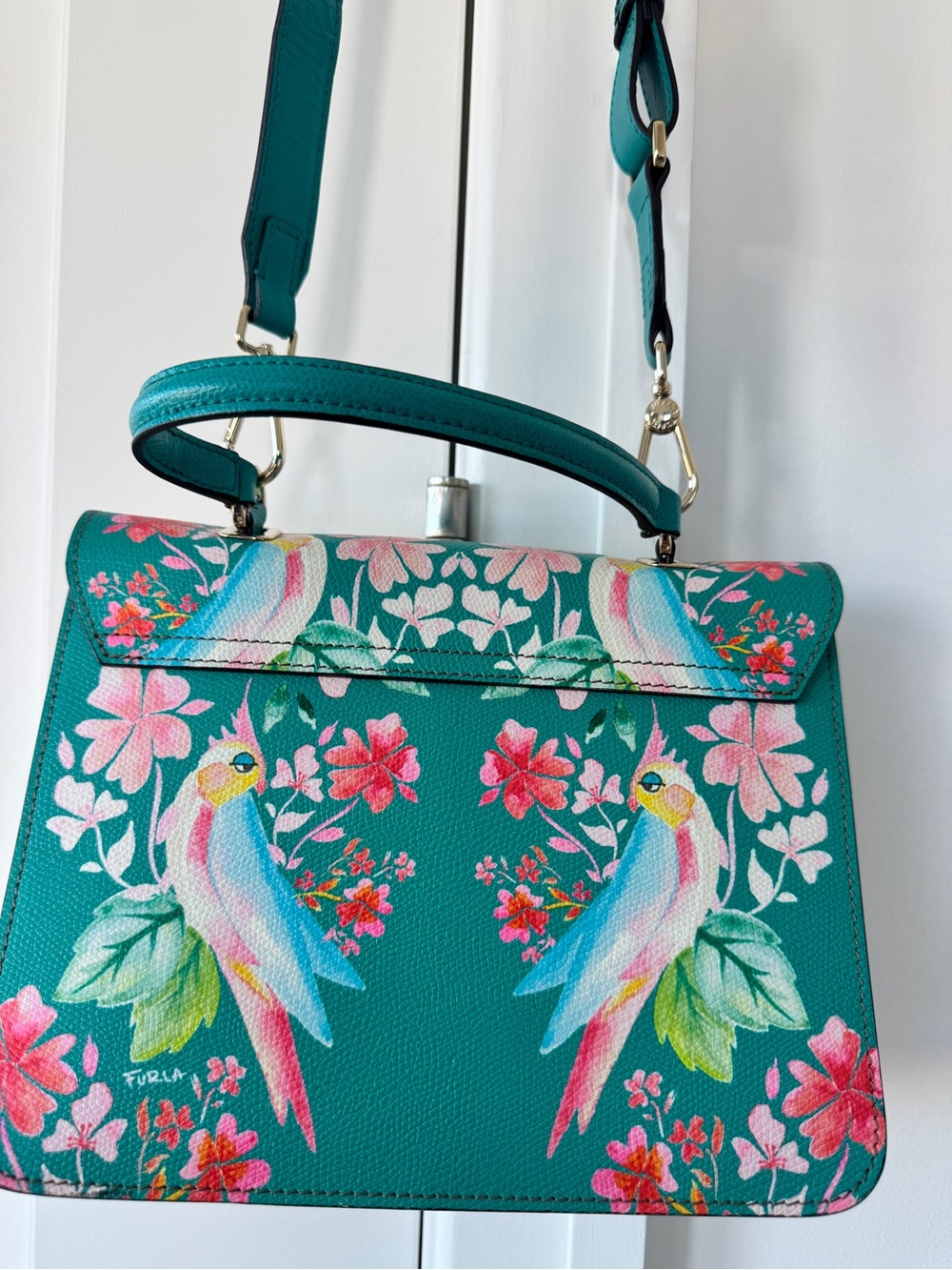 Furla Teal Floral Crossbody Satchel with Gold Hardware - Picture 6 of 7